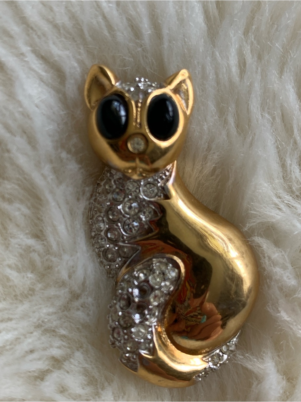 Vtg 90s gold plated crystal cat pin brooch D'orlan
